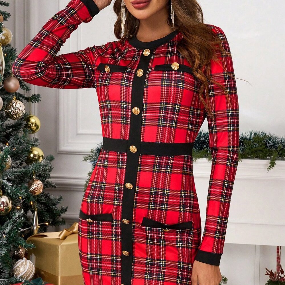 Multicolor Elegant Women's Plaid Print Form-Fitting Christmas Red Mini Dress - Picture 7 of 9